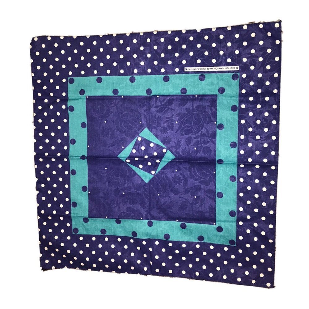 NAVY BLUE POLKA DOT & Floral Biker Made in USA BANDANA Kerchief Hanky 21” VTG